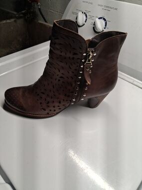 Women's Brown Perforated Leather Ankle Boot with Side Zip